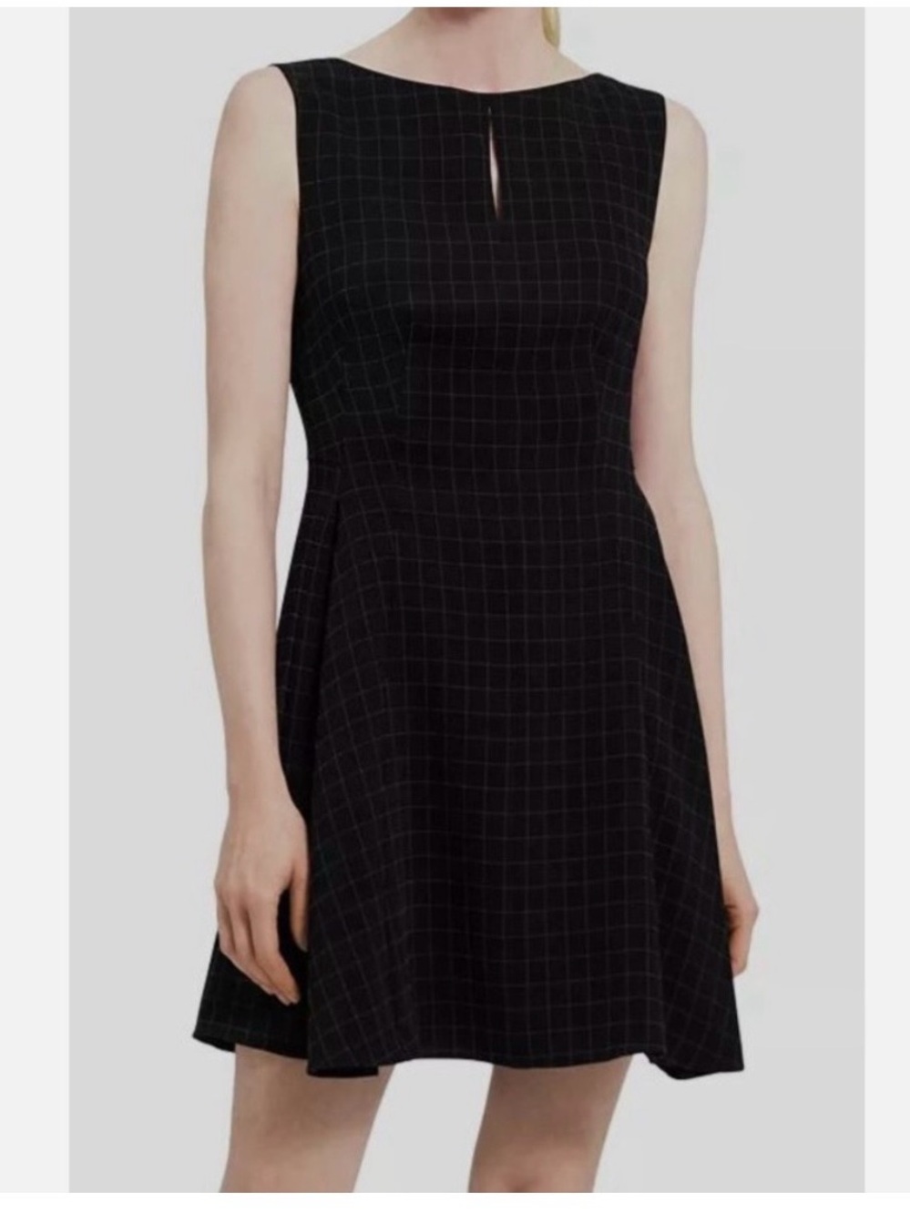 Theory Black Windowpane Keyhole Fit-&-Flare Mini Dress